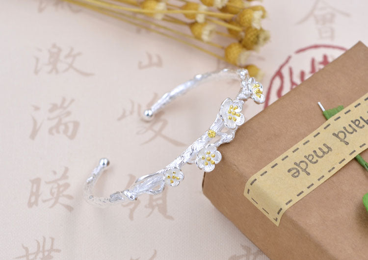 Bracelet floral prune en argent sterling à cercle ouvert S925