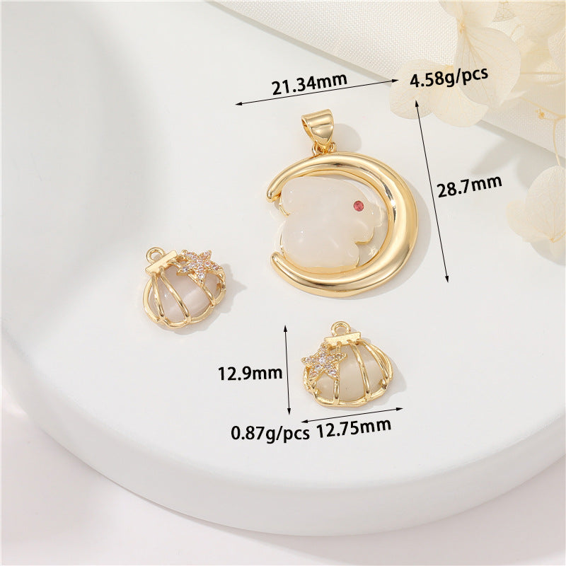 2 Lune Lapin Coquille Étoile de Mer Charme Pendentif Résine Strass Embelli 14K GF