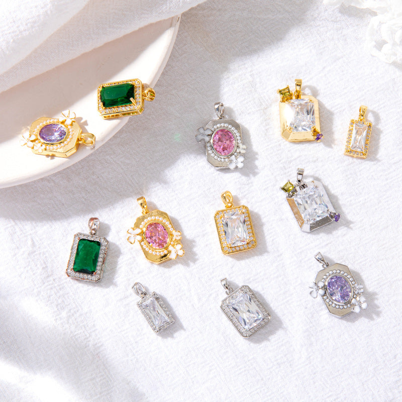 2 Oval Rectangle Charm Pendant Rhinestone Embellished 14K GF