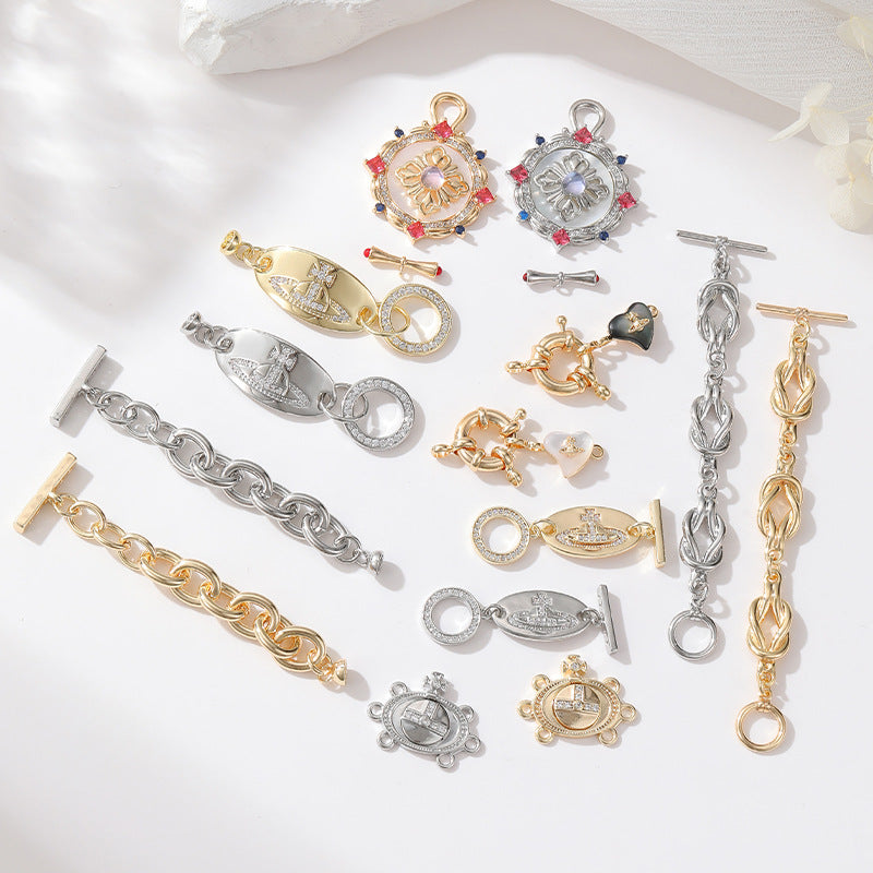 2 Saturn Crown Cable Chain Floral Wheel Lock OT Clasp 14K GF Resin Pearl Rhinestone Embellished Clasps Connector