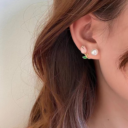 4 Tulipe Floral Earcuff Poignets d’oreille Grimpeur Pas de perçage Boucle d’oreille Émail Époxy Demi-percé Perle Vierge 14K GF Boucle d’oreille