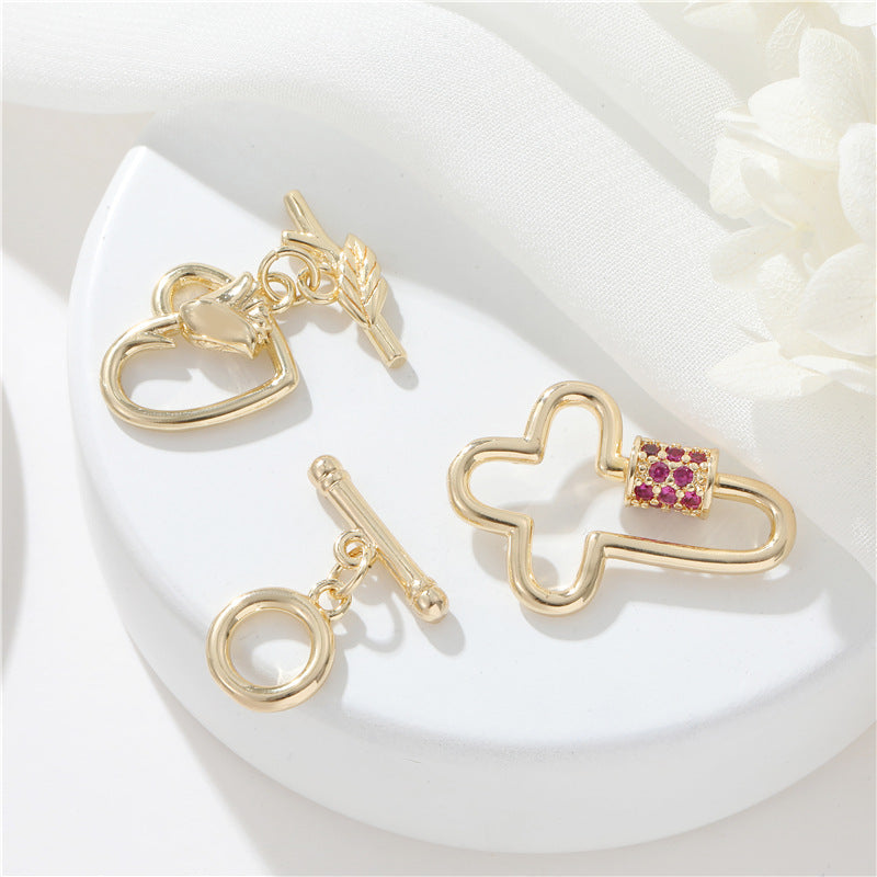 Fermoir OT en forme de cœur Floral, 2 cercles ronds, connecteur de fermoirs en strass à vis croisée 14K GF