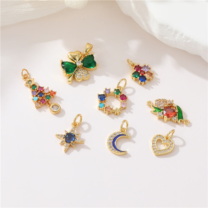 2 coeur floral lune cercle étoile arbre de Noël pendentif à breloque strass embelli 14K GF