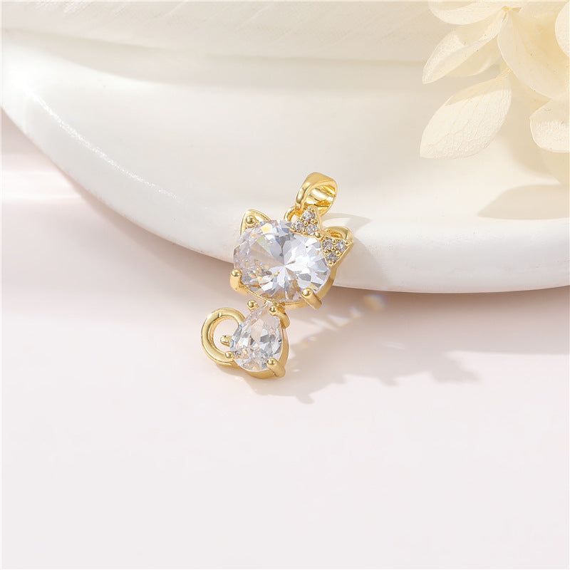 2 Key Cat Pendant Double Looped Bowknot Charm Connector Rhinestone Embellished 14K GF