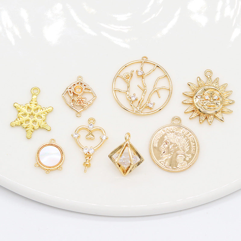 2 Round Diamond Snowflake Floral Charm Pendant Rhinestone Embellished 14K GF