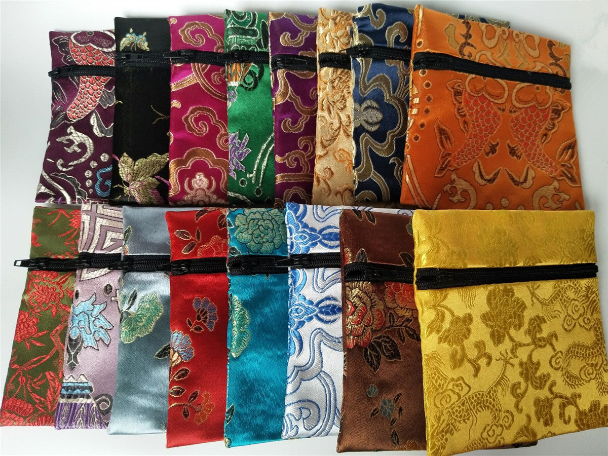 5x5" Colorful Floral Chinese Silk Pouch Pocket Money Coin Bag with Zip Grab Rosary Bead Traditional Packaging Bags for Jewelry Gift