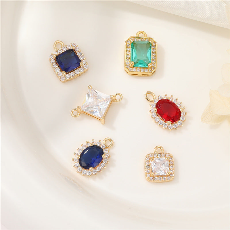 2 Oval Diamond Square Rectangle Charm Pendant Rhinestone Embellished 14K GF