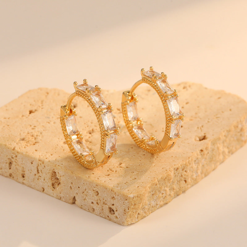 4 boucles d'oreilles rondes trapézoïdales rectangulaires ornées de strass 14K GF