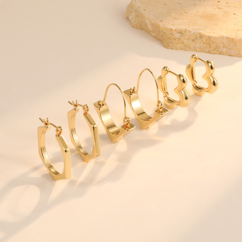 4 Chunky Hexagon Floral Triangle Hoop Earrings 14K GF Earing