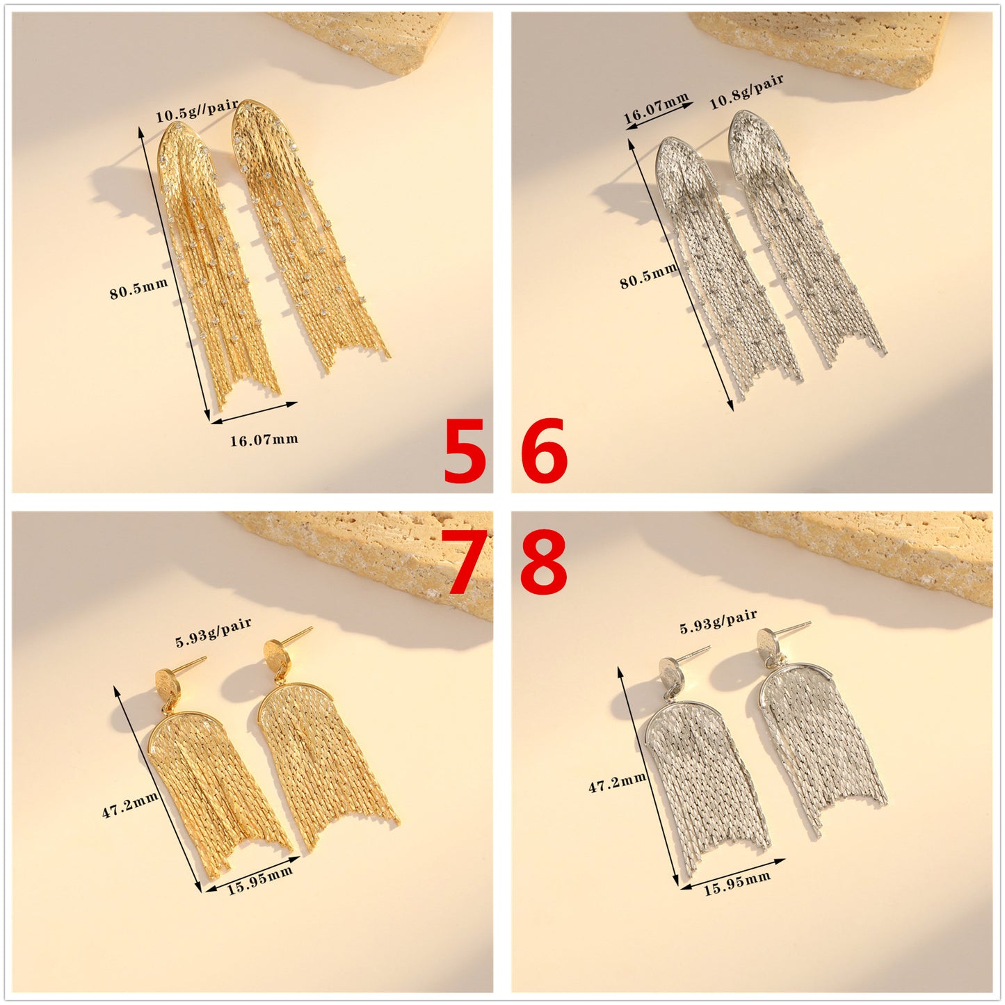 4 boucles d'oreilles à pampilles en chaîne serpent, ornées de strass, boucles d'oreilles 14K GF