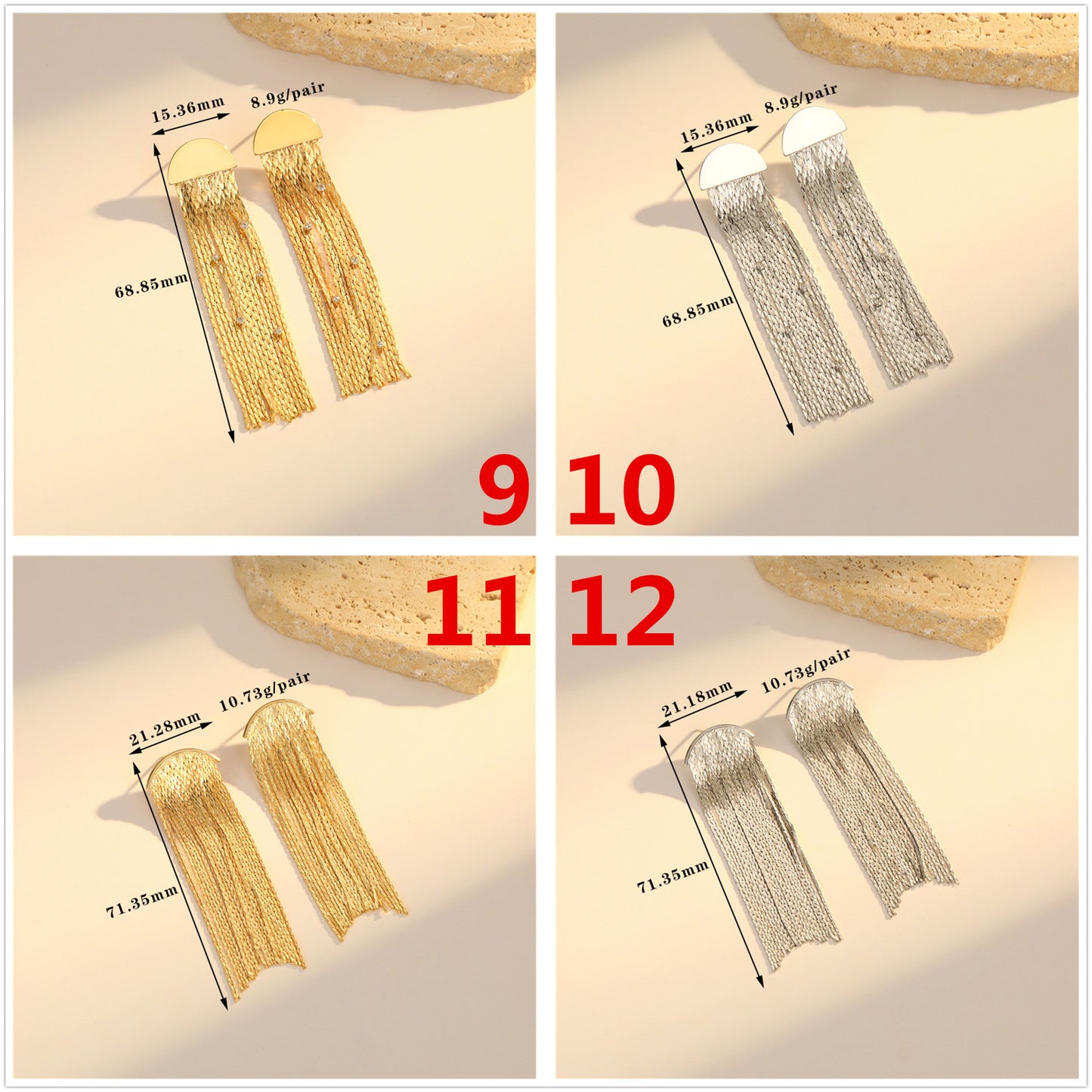 4 boucles d'oreilles à pampilles en chaîne serpent, ornées de strass, boucles d'oreilles 14K GF