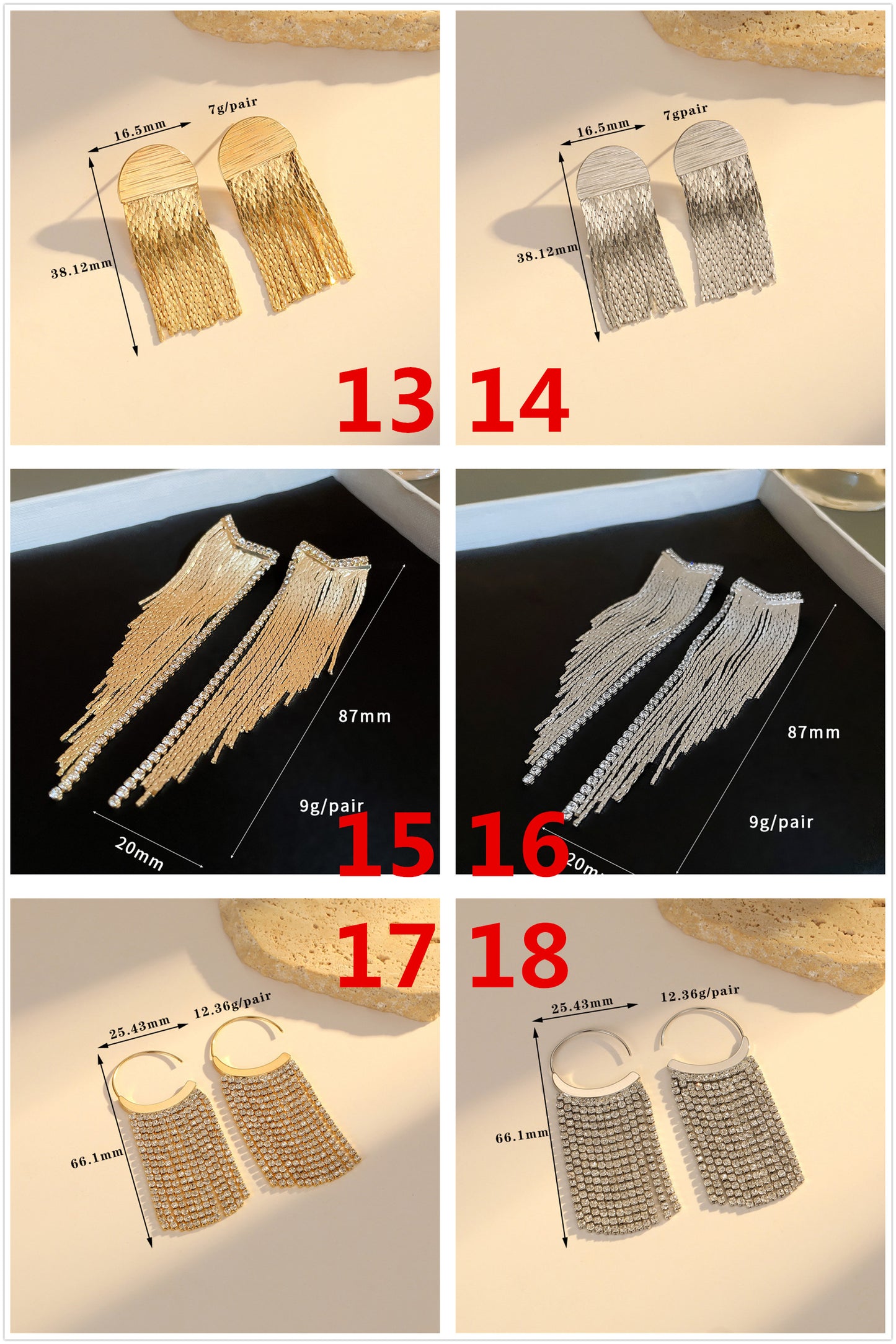 4 boucles d'oreilles à pampilles en chaîne serpent, ornées de strass, boucles d'oreilles 14K GF