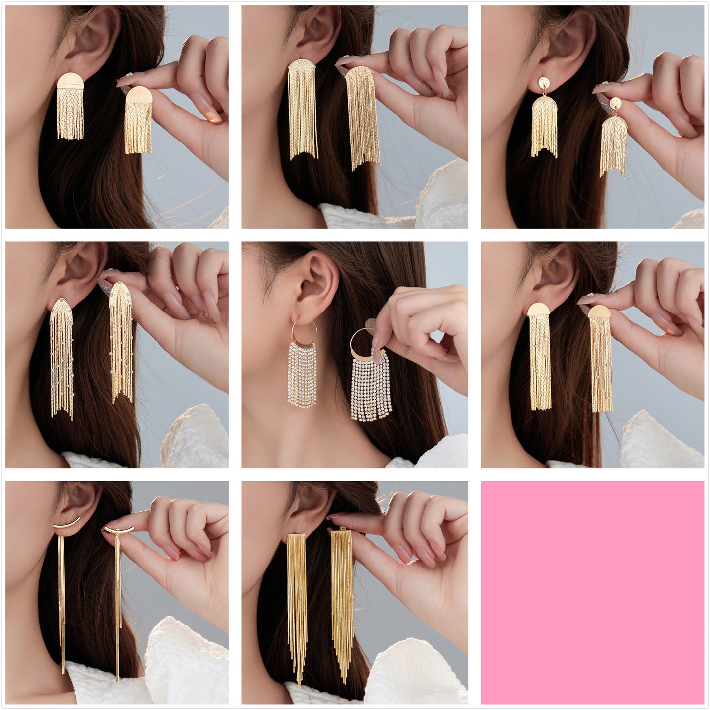 4 boucles d'oreilles à pampilles en chaîne serpent, ornées de strass, boucles d'oreilles 14K GF