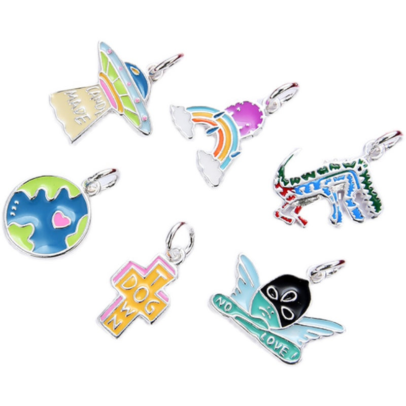 Pendentif à breloque en forme de dinosaure UFO NoLove Earth Cross arc-en-ciel en argent sterling S925