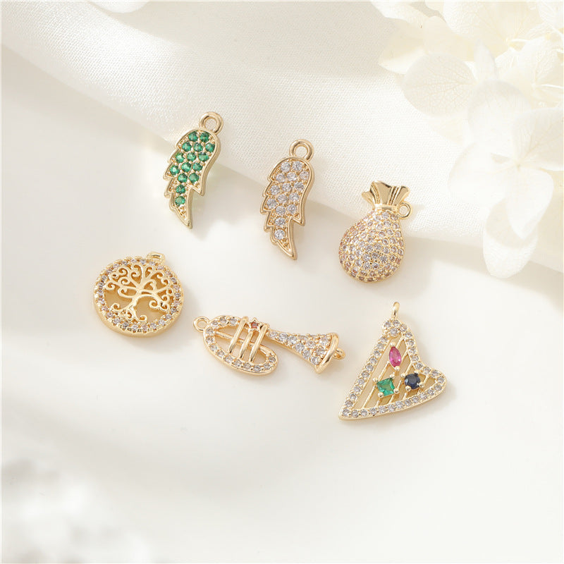 2 Harpe Arbre Moneybag Trompette Aile d’Ange Charme Pendentif Émail Époxy 14K GF Strass Embelli