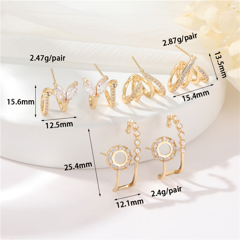 4 boucles d'oreilles florales en demi-cercle ornées de strass 14K GF Earing