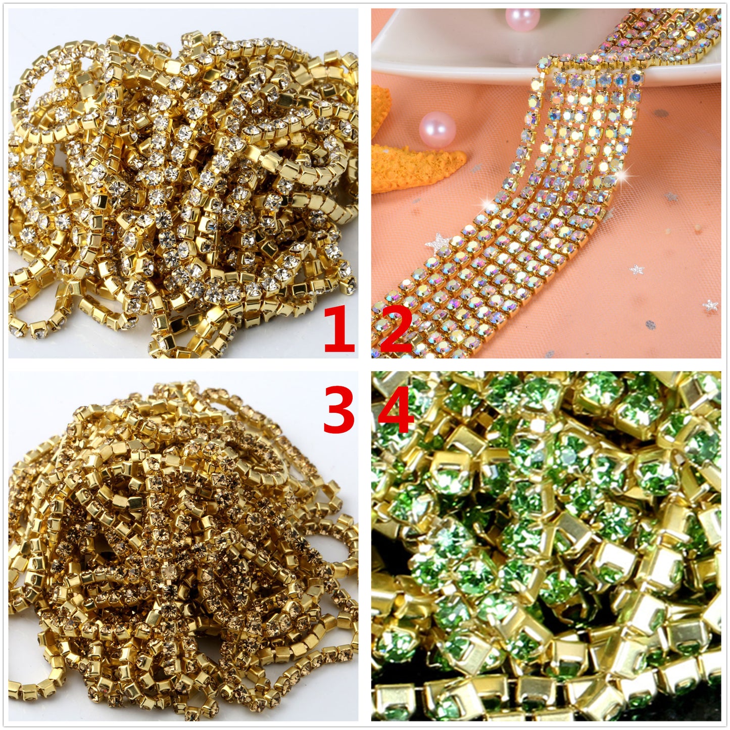 10 yd Colorful Rhinestone Cup Chain Gold Trim Metal Cup Close Chain Jewelry High Quality Wedding Veil Finding 2mm 2.5mm 2.8mm 3mm