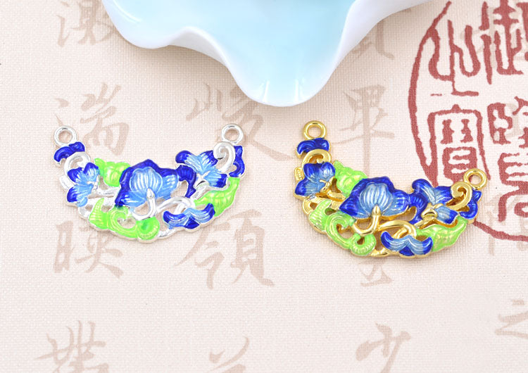Argent sterling émail époxy double boucle lotus floral nouvelle lune pièce charme connecteur S925 trouver