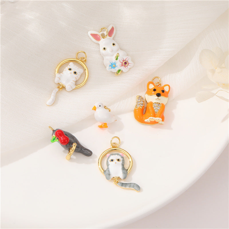 2 Chien Lapin Pigeon Chat Oiseau Charme Pendentif Émail Époxy 14K GF Strass Embelli