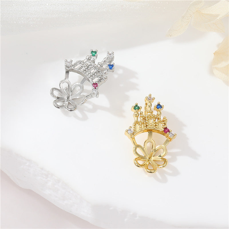 2 Château Couronne Feuille Carré Bateau Charme Pendentif Strass Embelli 14K GF Demi-Percé Perle Perle Vierge