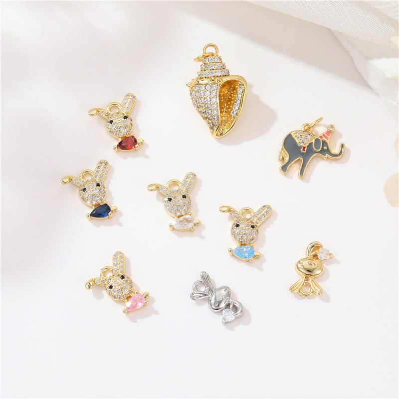 2 pendentif à breloque éléphant lapin conque strass embelli 14K GF