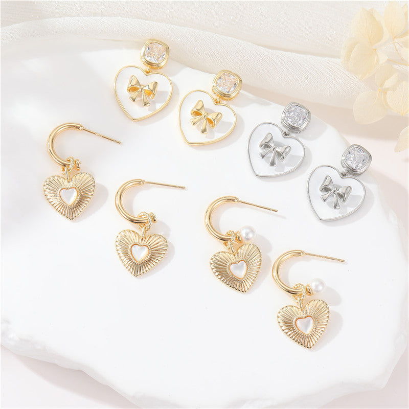 Boucles d'oreilles à tige avec 4 nœuds papillon, breloque en forme de cœur, demi-cercle, ornées de strass, 14 carats, GF