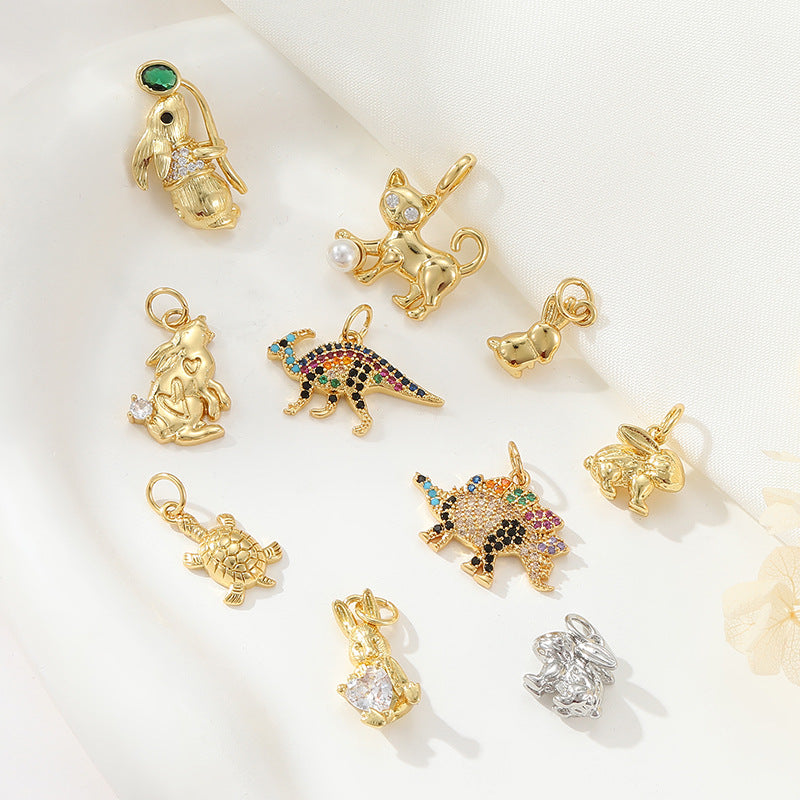 2 Chat Lapin Tortue Dinosaure Charme Pendentif Strass Embelli 14K GF