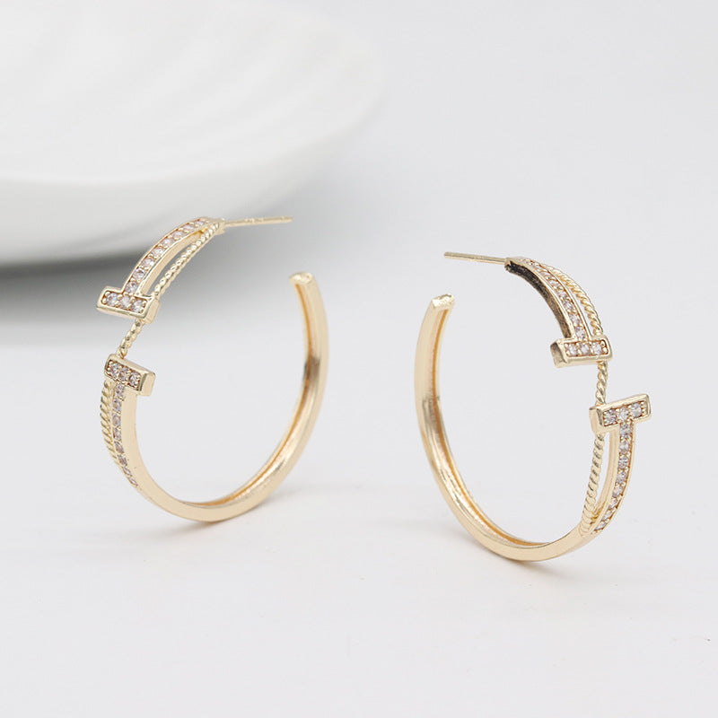 4 boucles d'oreilles demi-cercle double T ornées de strass 14K GF Earing