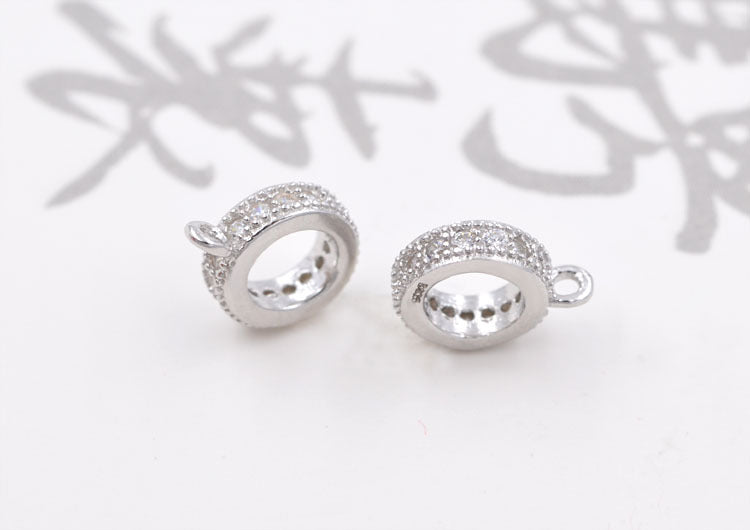 Sterling Silver Rhinestone Embellished Tiny Round Circle Charm Pendant S925 Finding