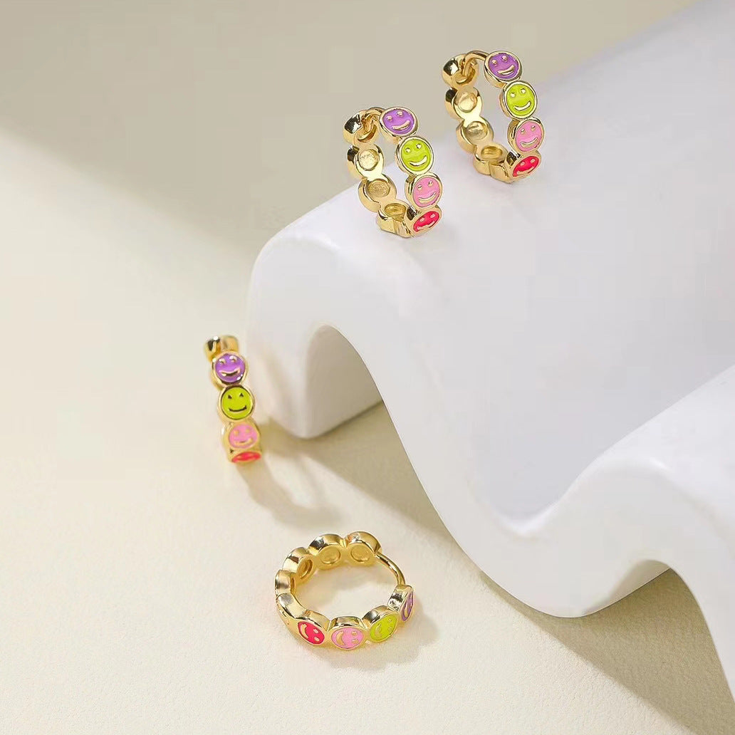 4 Smile Face Hoop Earrings Enamel Epoxy 14K GF Earing