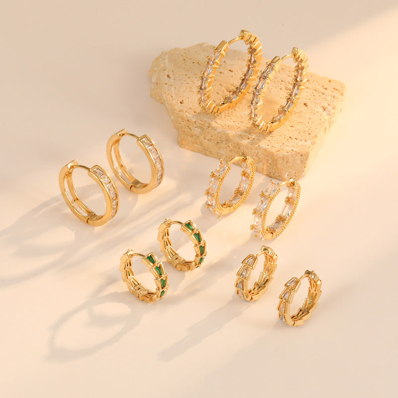 4 boucles d'oreilles rondes trapézoïdales rectangulaires ornées de strass 14K GF