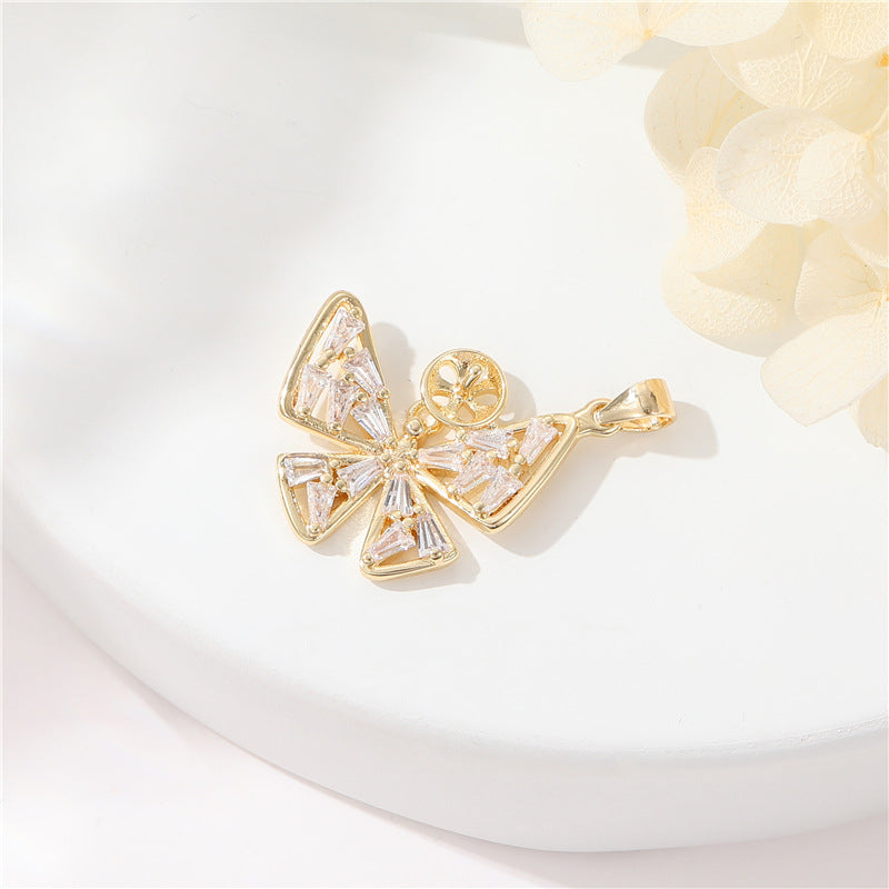 2 Butterfly Charm Pendant Rhinestone Embellished 14K GF