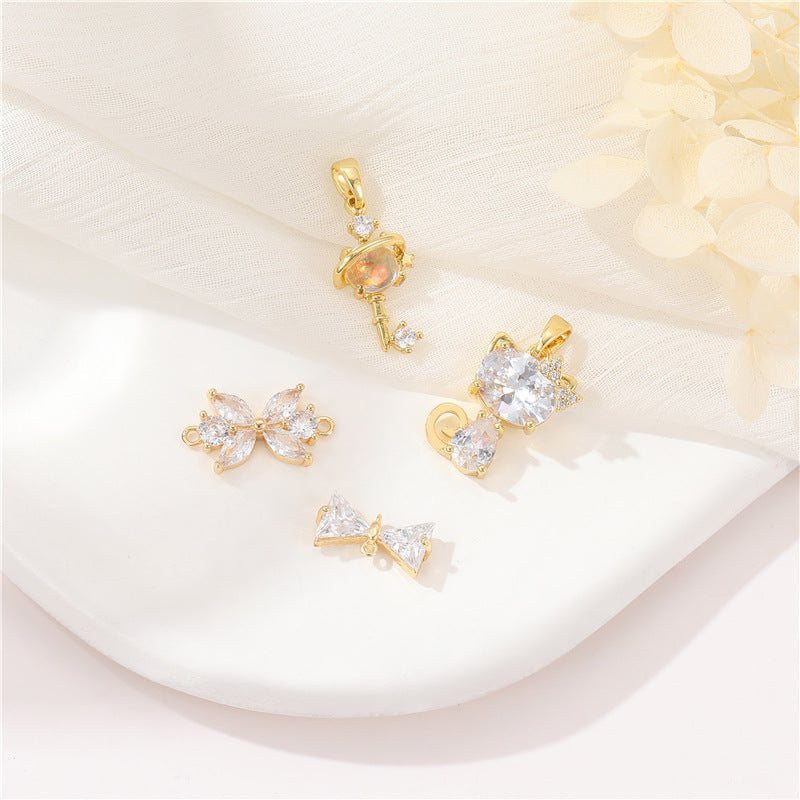 2 Key Cat Pendant Double Looped Bowknot Charm Connector Rhinestone Embellished 14K GF
