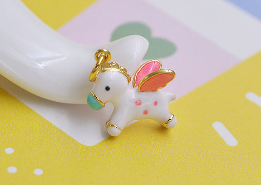 Sterling Silver Enamel Epoxy Unicorn Fly Horse with Wings Charm Pendant S925 Finding