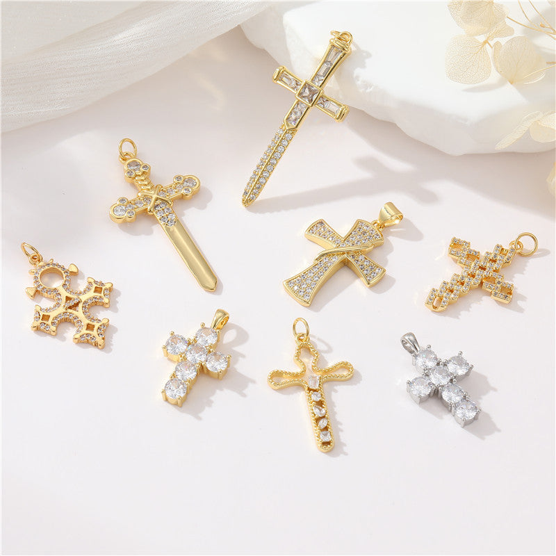 2 Cross Charm Pendant Rhinestone Embellished 14K GF