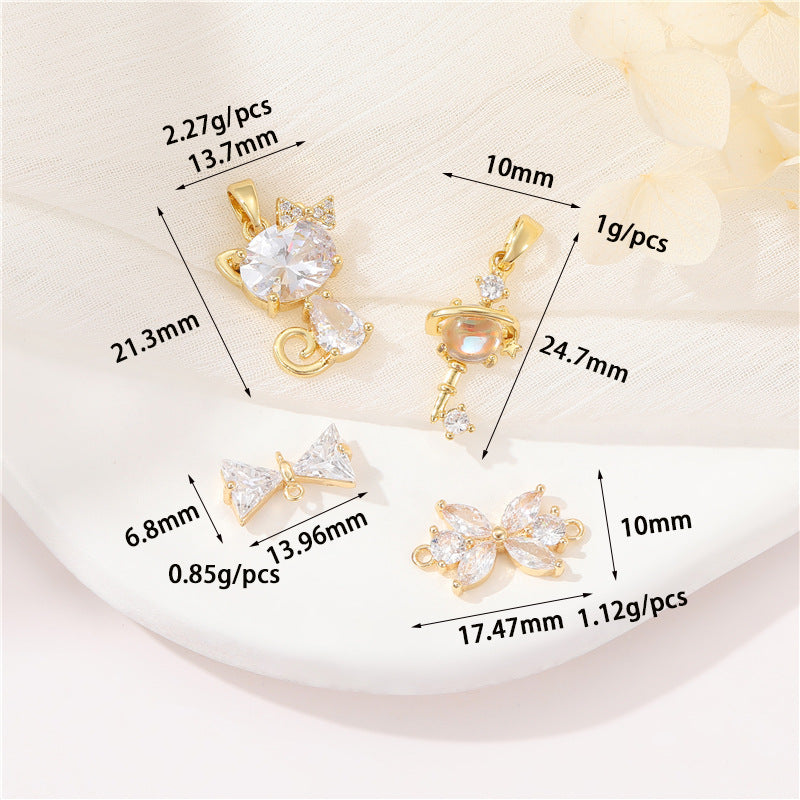 2 Key Cat Pendant Double Looped Bowknot Charm Connector Rhinestone Embellished 14K GF