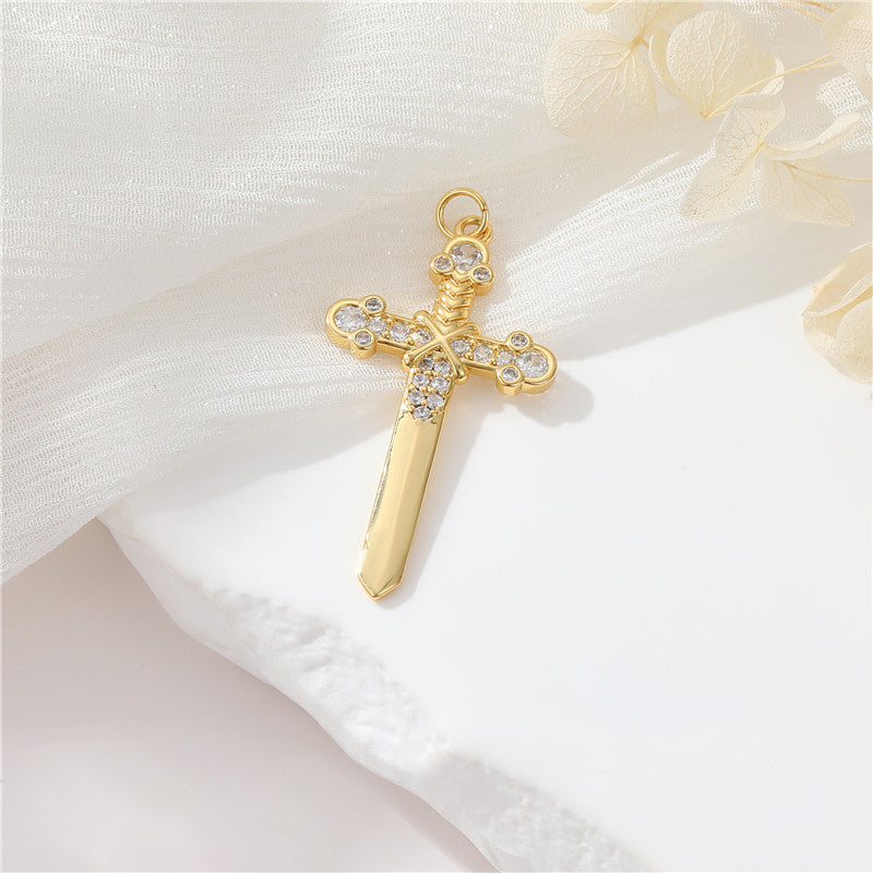 2 Cross Charm Pendant Rhinestone Embellished 14K GF