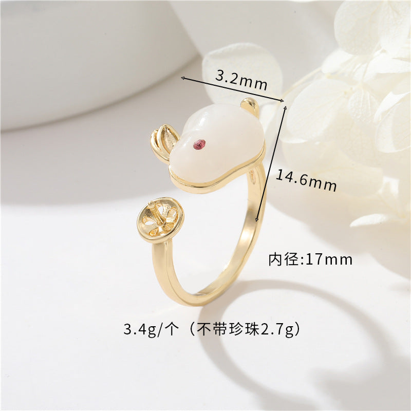 2 Statement-Ringe mit offenem Kreis aus Kunstharz und Hasenmotiv, mit Strasssteinen verziert, 14-karätiges GF