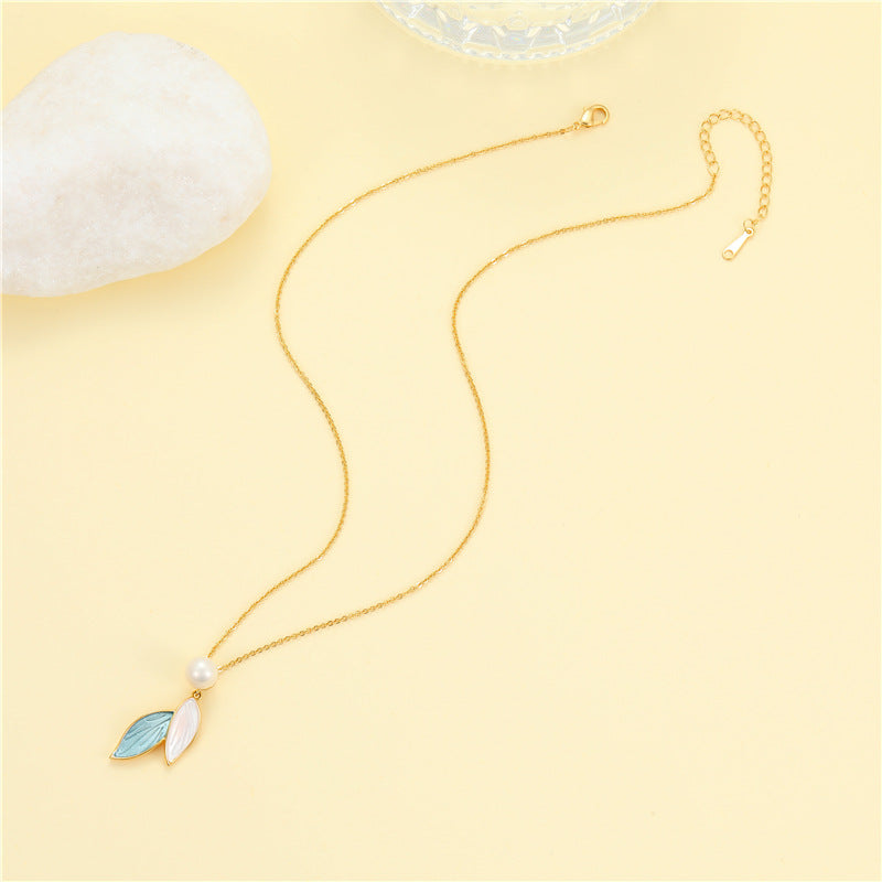 2 Emaille-Epoxidharz-Blatt-Charm-Kabelketten-Halskette mit Perlenverzierung, 14-Karat-GF-Halsband mit Verlängerung