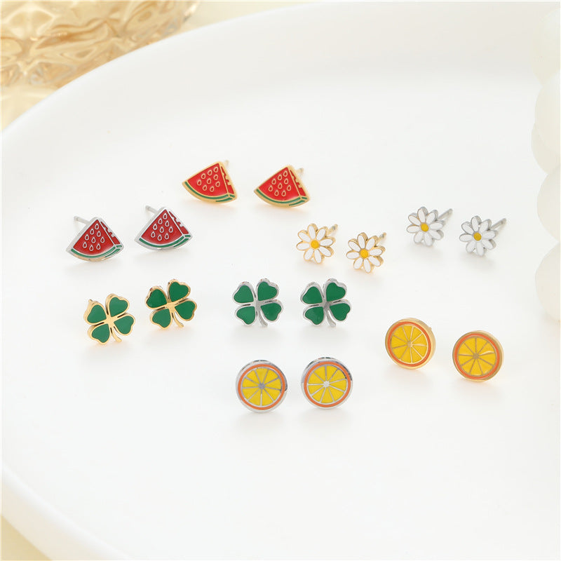 4 Émail Époxy Trèfle à quatre feuilles Orange Pastèque Floral Papillon Carré Coeur Cactus Boucles d’oreilles à tige 14K GF Strass Embelli Boucle d’oreille