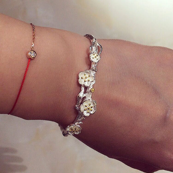Bracelet floral prune en argent sterling à cercle ouvert S925