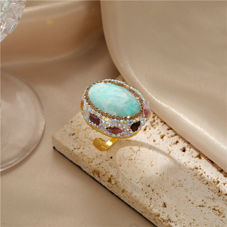 2 bague de déclaration en pierre naturelle à cercle ouvert, coquille de perle, Amazonite, Turquoise, Quartz rutilé, 14K GF