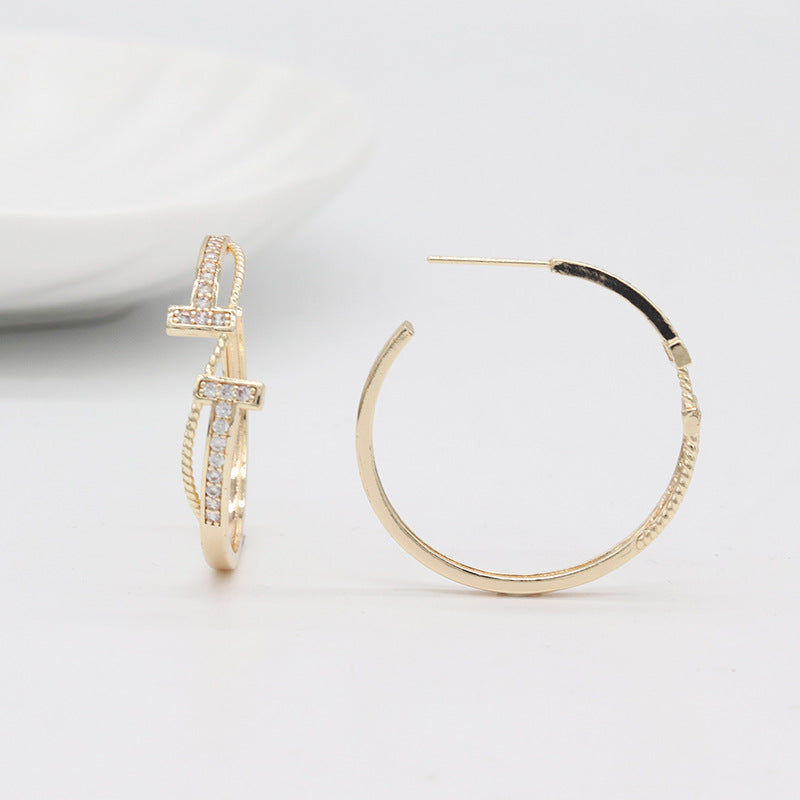 4 boucles d'oreilles demi-cercle double T ornées de strass 14K GF Earing