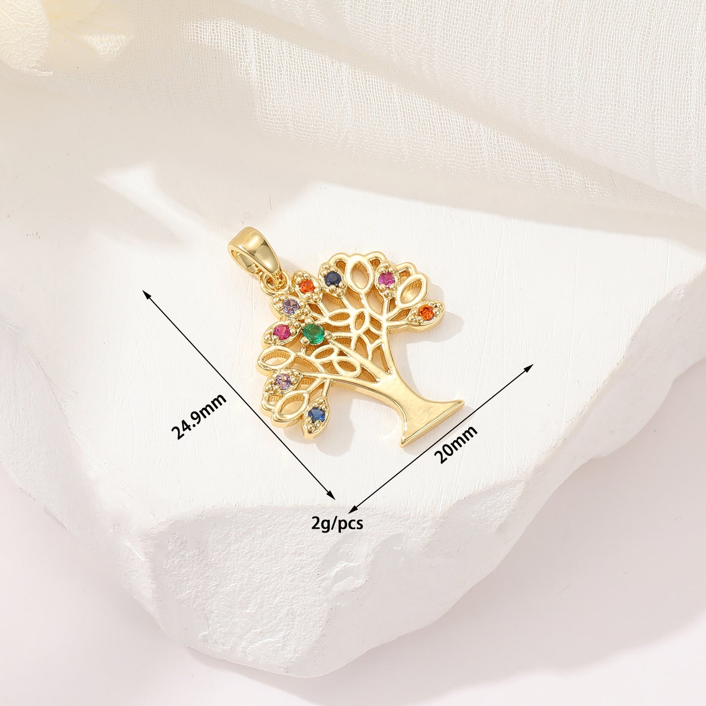 2 Blumen-Charm-Anhänger mit orangefarbener Baumrose, Strassverzierung, 14-karätiges GF