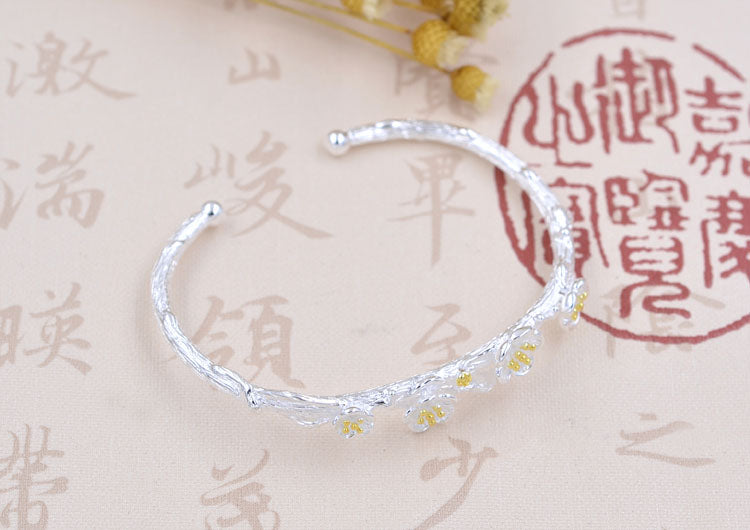 Bracelet floral prune en argent sterling à cercle ouvert S925