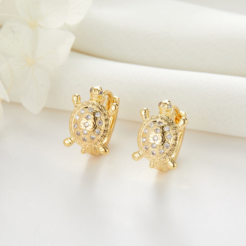 Boucles d'oreilles rondes en forme de tortue, 4 couronnes, nœud papillon, arbre floral, cœur, ornées de strass, 14K GF