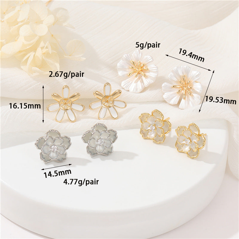 4 Floral Stud Earrings 14K GF Enamel Epoxy Rhinestone Earing