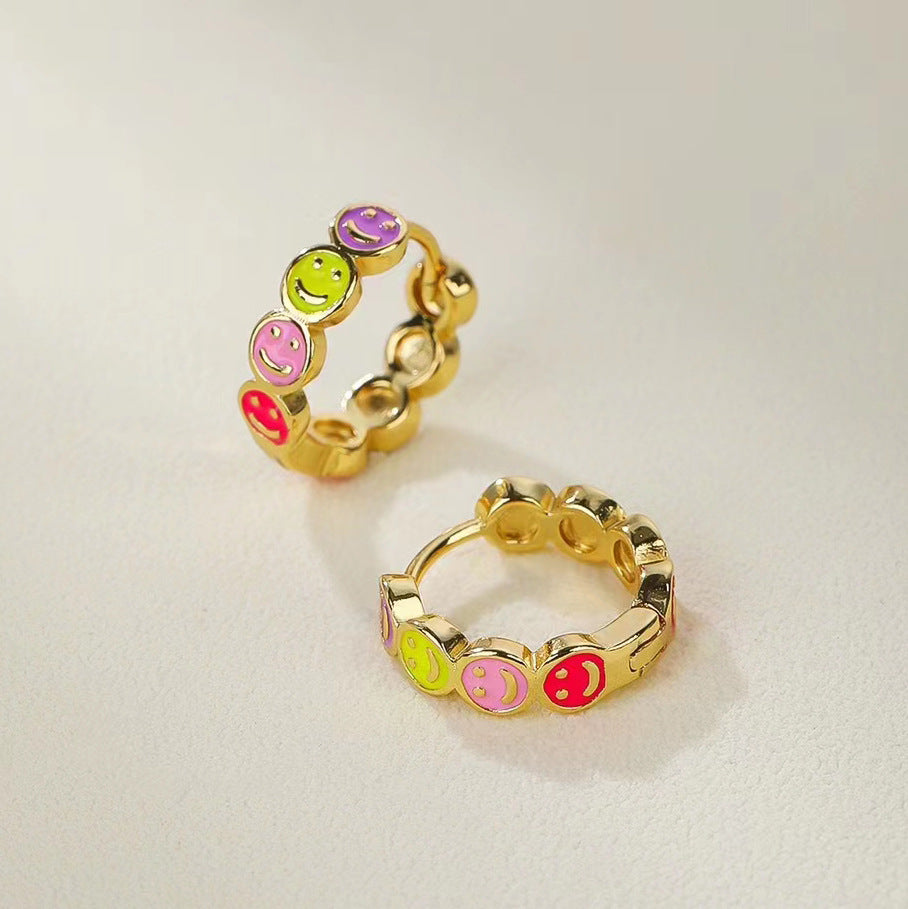 4 Smile Face Hoop Earrings Enamel Epoxy 14K GF Earing