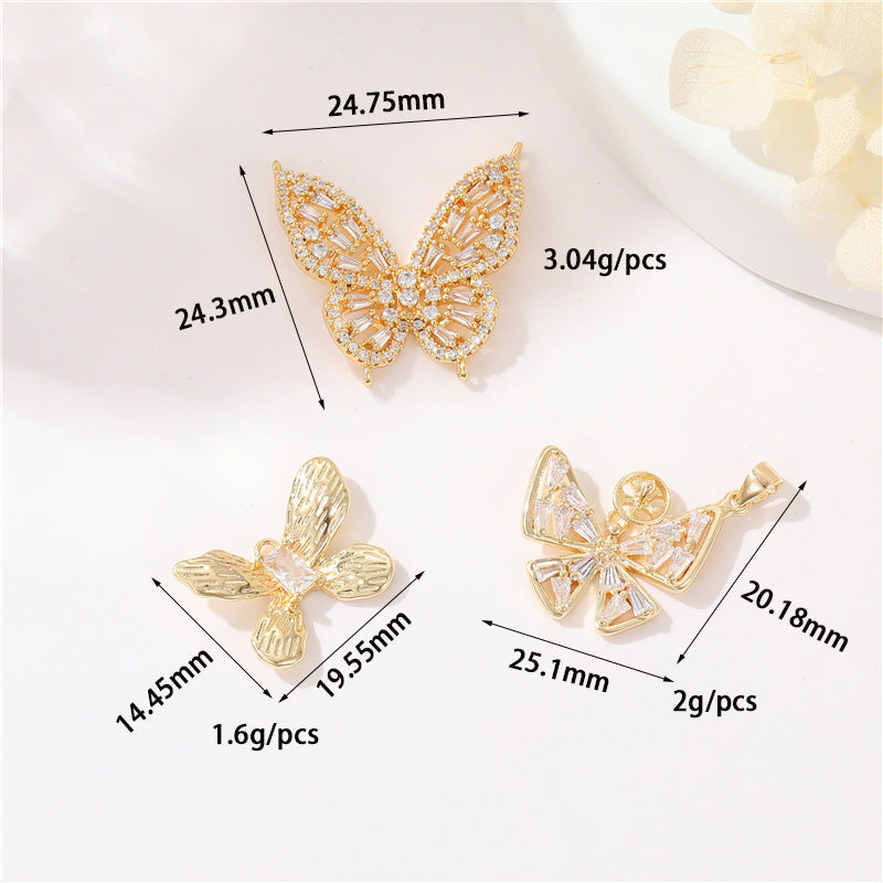 2 Butterfly Charm Pendant Rhinestone Embellished 14K GF