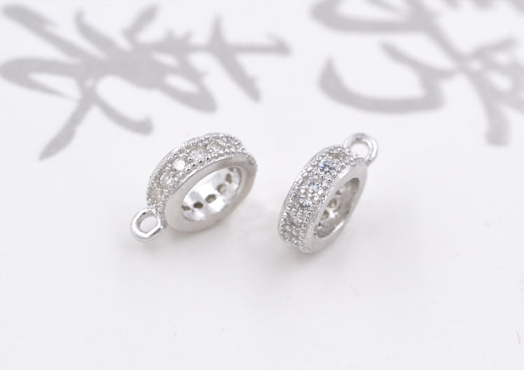 Sterling Silver Rhinestone Embellished Tiny Round Circle Charm Pendant S925 Finding